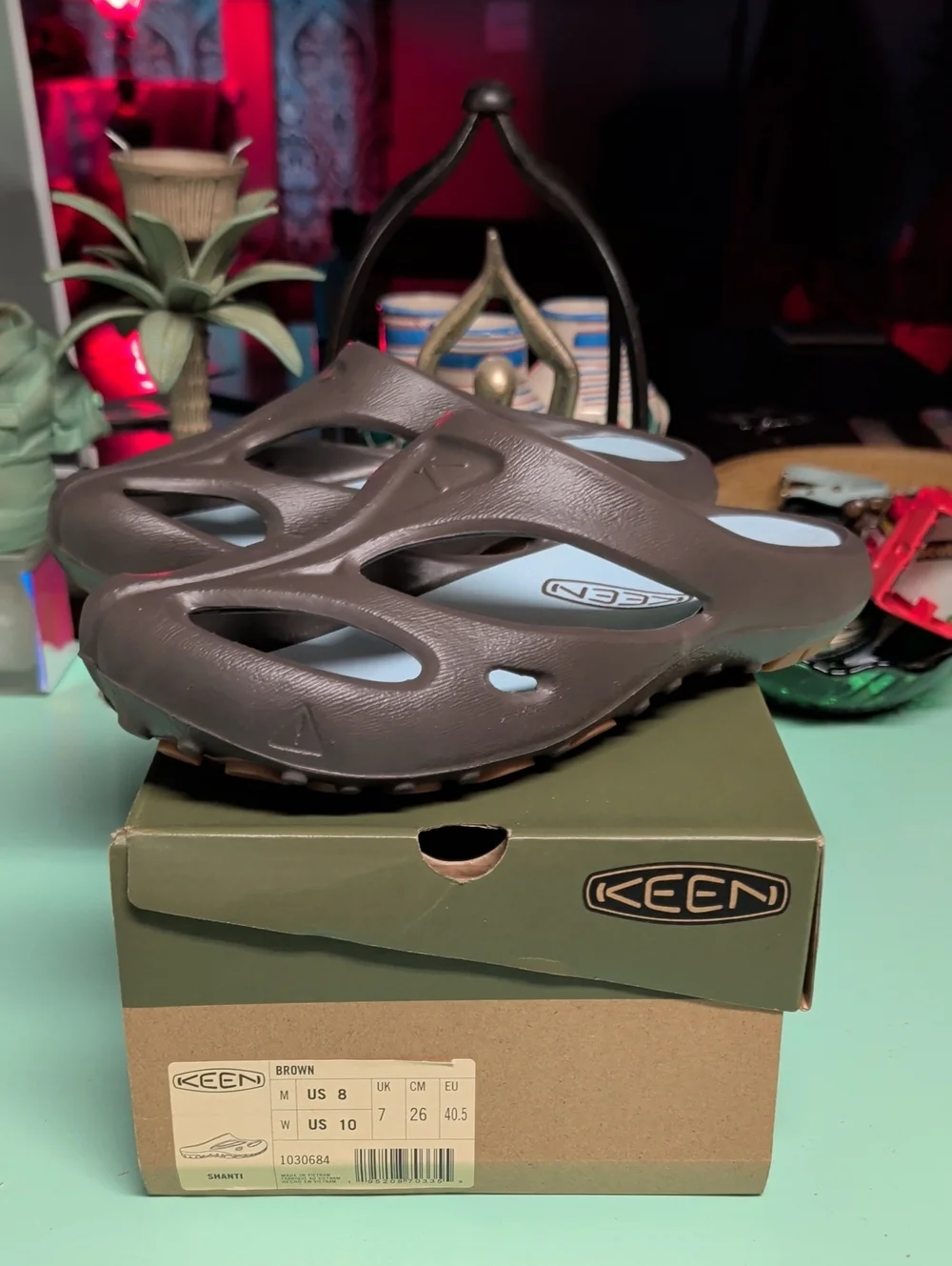 Keen Brown Slip-On Ventilated Clog with Light Blue Footbed